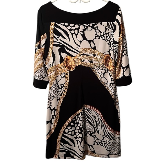 Frank Lyman Midi Dress Lined Black Animal Print Chain Stretchy Women’s Size 14 - Picture 2 of 5